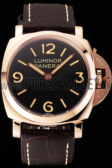 Swiss Panerai Luminor Black Dial Rose Gold Case Brown Leather Strap 1453842