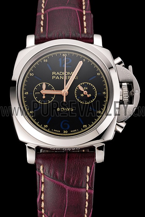 Panerai Radiomir 8 Days Chronograph Black Dial Stainless Steel Case Plum Leather Strap 1453795