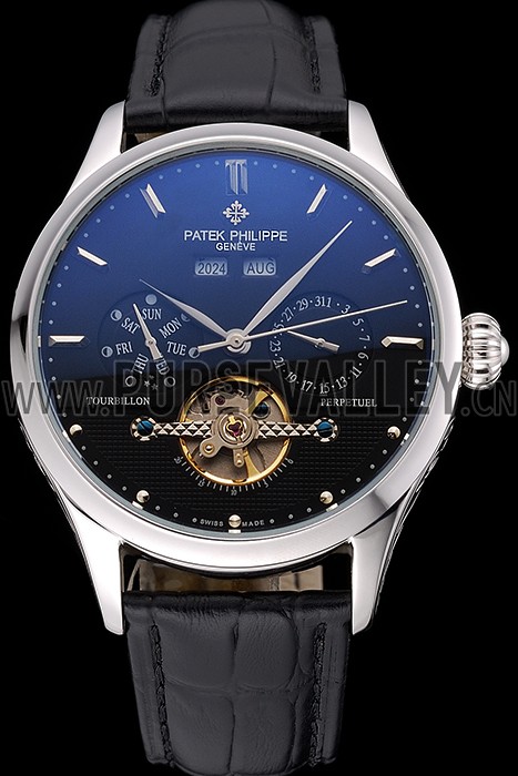 Patek Philippe Day Date Tourbillon Black Dial Stainless Steel Case Black Leather Strap 622839