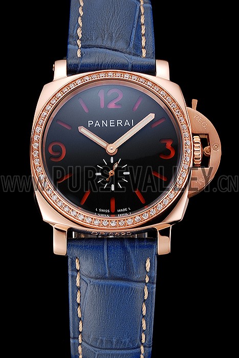Panerai Radiomir Black Dial Diamond Bezel Rose Gold Case Blue Leather Strap 1453800