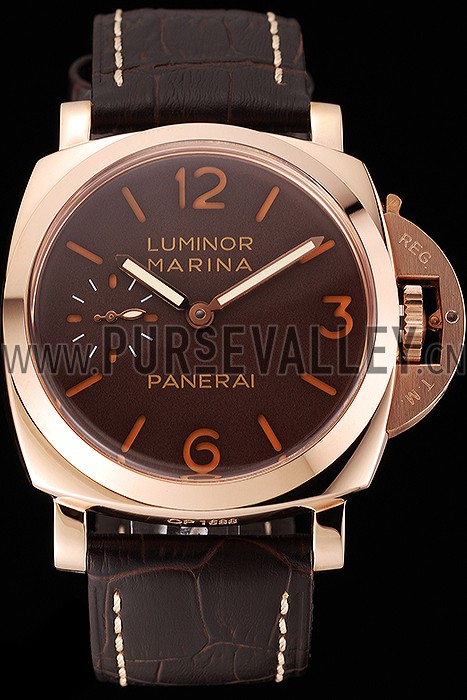 Swiss Panerai Luminor Marina Brown Dial Rose Gold Case Brown Leather Strap 1453843