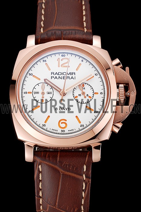 Panerai Radiomir 8 Days Chronograph White Dial Rose Gold Case Brown Leather Strap 1453796