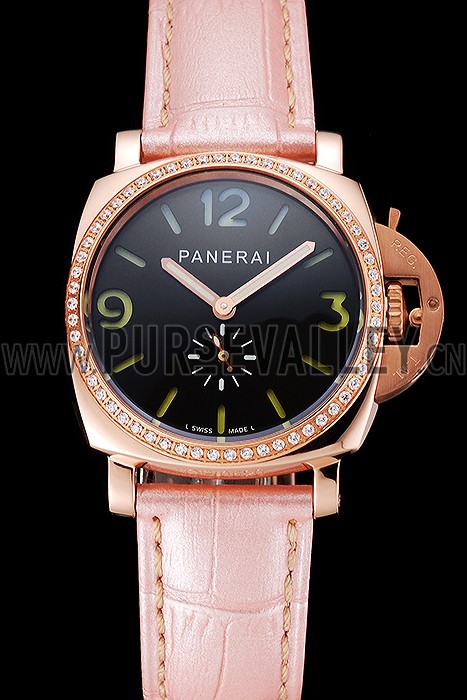 Panerai Radiomir Black Dial Diamond Bezel Rose Gold Case Pink Leather Strap 1453801