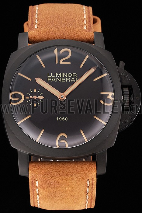 Swiss Panerai Luminor 1950 Black Dial Black PVD Case Brown Suede Leather Strap 1453851