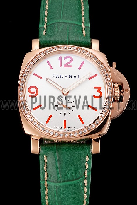 Panerai Radiomir White Dial Diamond Bezel Rose Gold Case Green Leather Strap 1453803