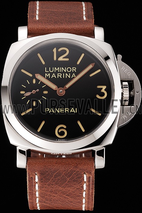 Swiss Panerai Luminor Marina Black Dial Stainless Steel Case Brown Leather Strap 1453852