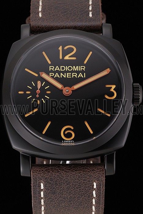 Swiss Panerai Radiomir 1940 Black Dial Black PVD Case Brown Leather Strap 1453845