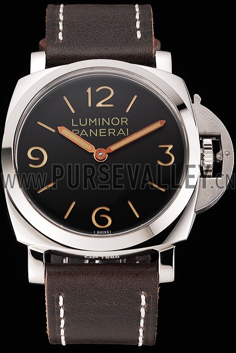 Swiss Panerai Luminor Black Dial Stainless Steel Case Brown Leather Strap 1453854