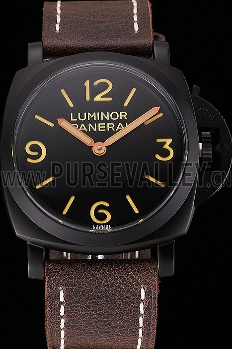 Swiss Panerai Luminor Black Dial Black PVD Case Brown Leather Strap 1453855