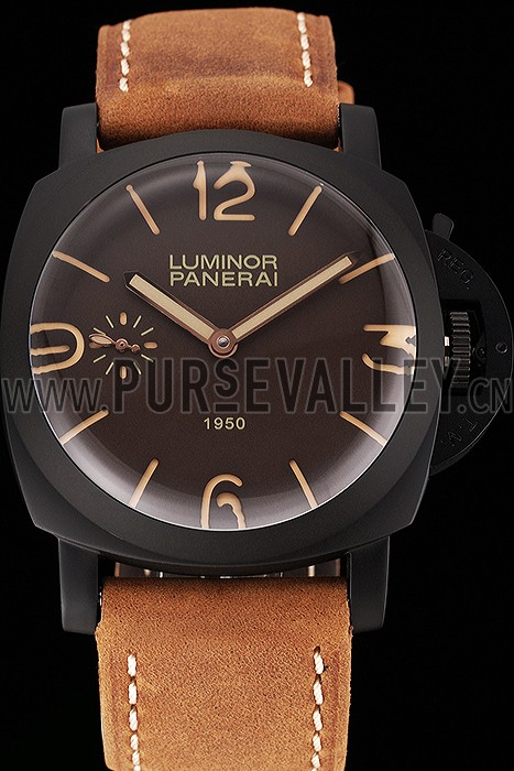 Swiss Panerai Luminor 1950 Brown Dial Black PVD Case Brown Suede Leather Strap 1453848