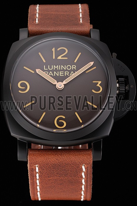 Swiss Panerai Luminor Brown Dial Black PVD Case Brown Leather Strap 1453856
