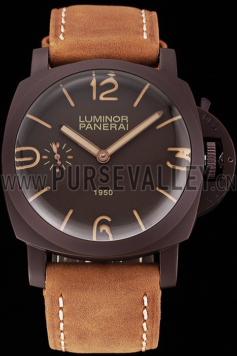 Swiss Panerai Luminor 1950 Brown Dial Brown PVD Case Brown Suede Leather Strap 1453850