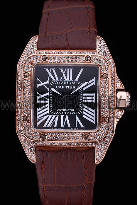 Swiss Cartier Santos Black Dial Diamonds Case Brown Leather Bracelet 622550