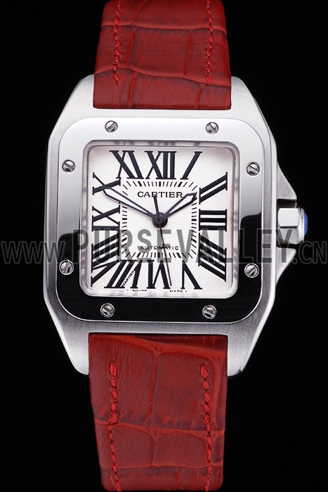 Swiss Cartier Santos White Dial Stainless Steel Case Red Leather Bracelet 622551