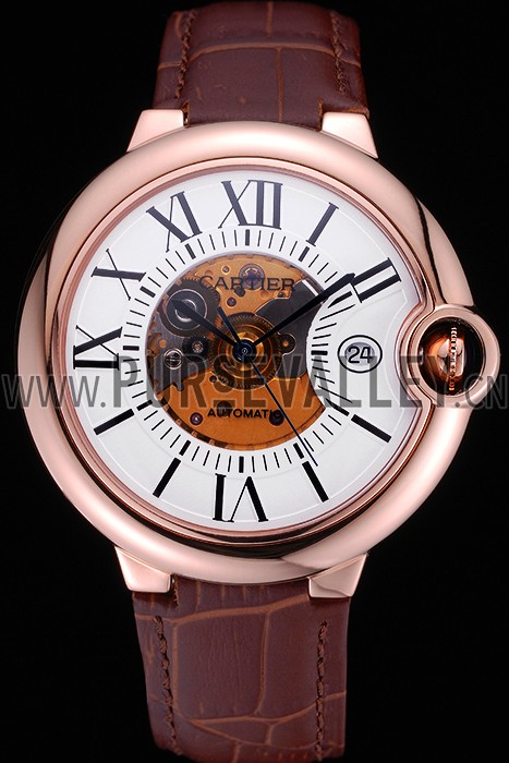 Swiss Cartier Ballon Bleu de Cartier White Dial Gold Case Brown Leather Bracelet 622552