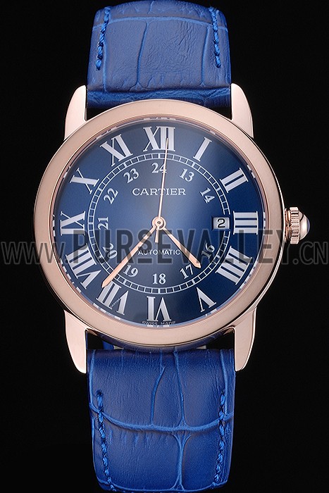 Swiss Cartier Ronde Solo Gold Case Blue Dial Roman Numerals 622203