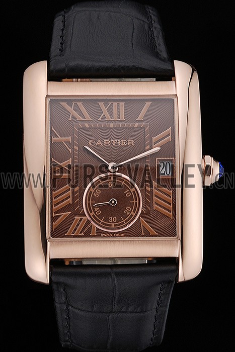 Cartier Tank MC Brown Dial Gold Case Black Leather Strap 622581