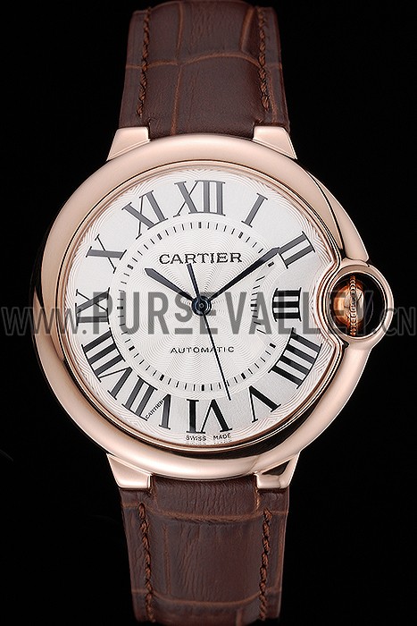 Swiss Ballon Blue De Cartier Gold Case White Dial Roman Numerals Brown Leather Bracelet 622651
