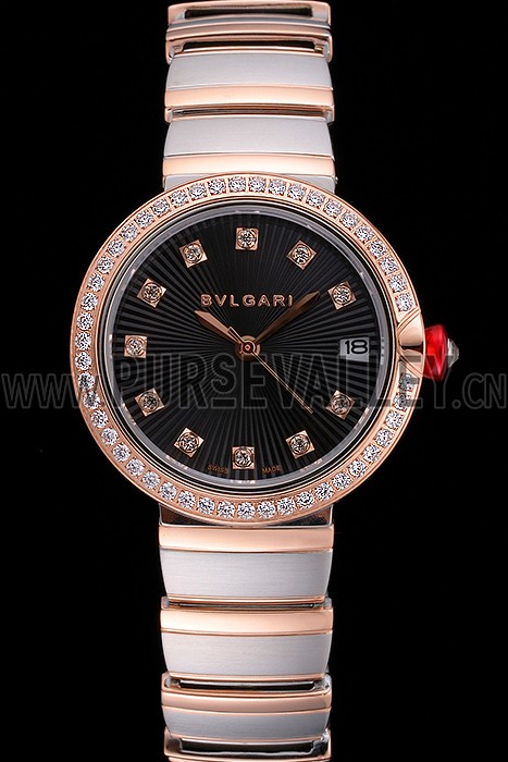 Bvlgari Lvcea Black Dial Diamond Hour Markings Rose Gold Case With Diamonds Two Tone Bracelet