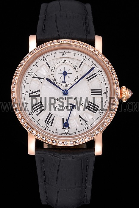 Cartier Rotonde White Dial Gold Case With Jewels Black Leather Strap 622760