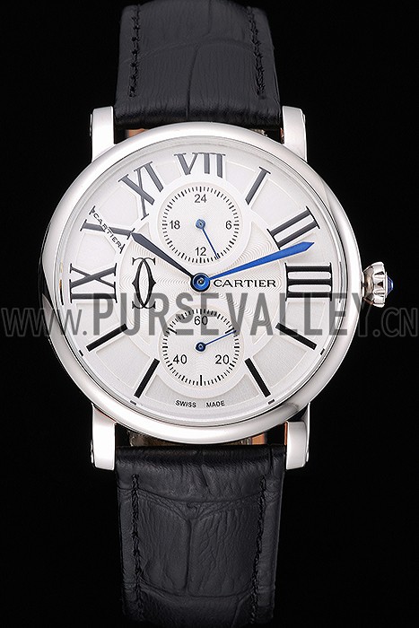 Cartier Ronde Second Time Zone White Dial Stainless Steel Case Black Leather Strap 622798