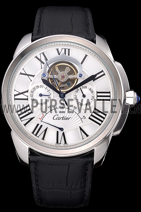 Cartier Calibre Tourbillon White Dial Stainless Steel Case Black Leather Strap 622751