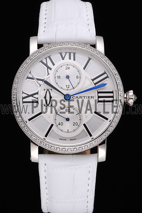 Cartier Ronde Second Time Zone White Dial Stainless Steel Case With Diamonds White Leather Strap 622803
