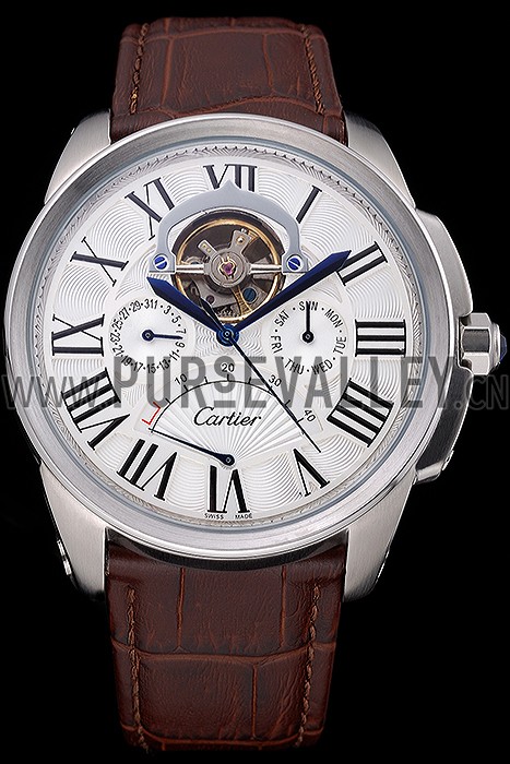 Cartier Calibre Tourbillon White Dial Stainless Steel Case Brown Leather Strap 622750