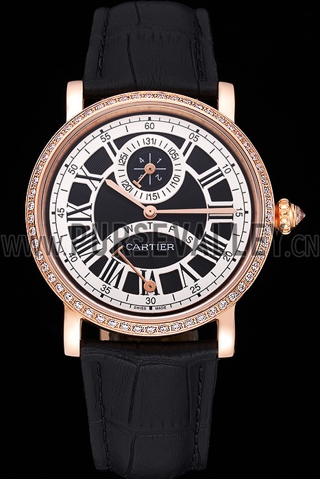 Cartier Rotonde Black And White Dial Gold Case With Jewels Black Leather Strap 622758