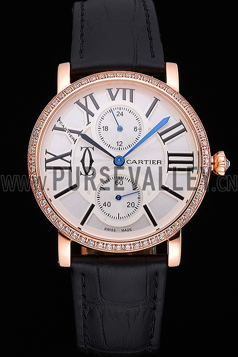 Cartier Ronde Second Time Zone White Dial Gold Case With Diamonds Black Leather Strap 622809
