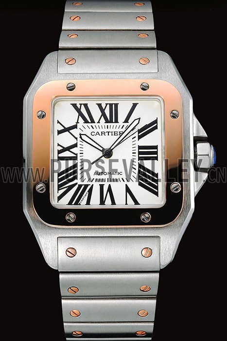 Swiss Cartier Santos White Dial Gold Bezel Steel Case And Bracelet 622881