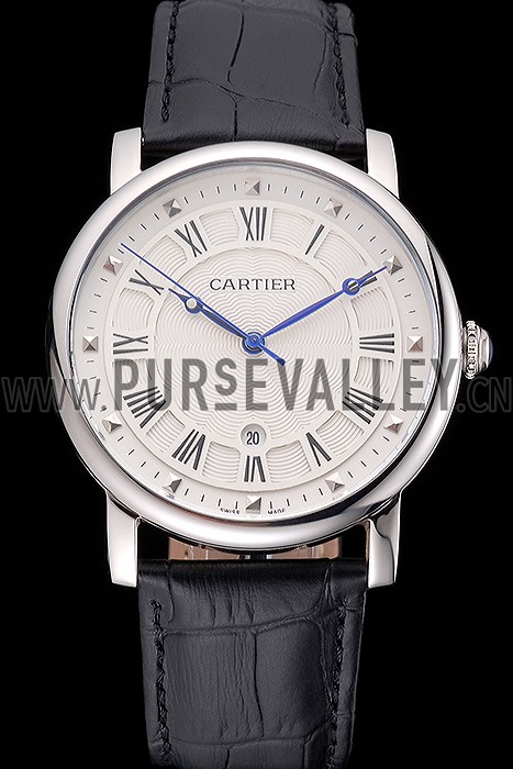 Cartier Rotonde Date White Dial Stainless Steel Case Black Leather Strap