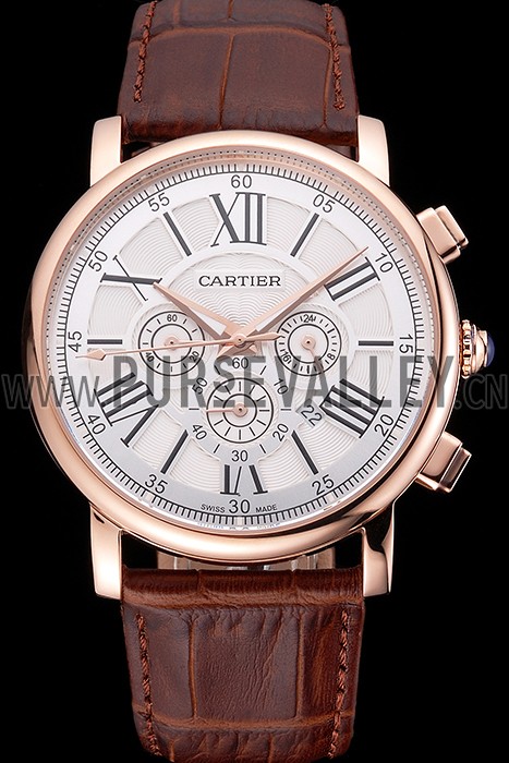 Cartier Rotonde Chronograph White Dial Rose Gold Case Brown Leather Strap