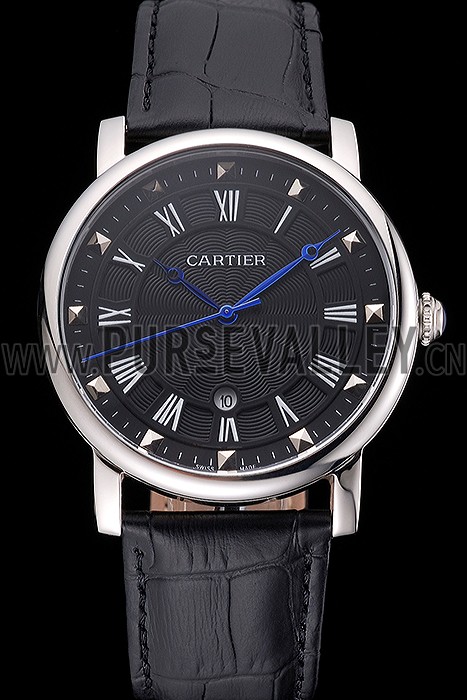 Cartier Rotonde Date Black Dial Stainless Steel Case Black Leather Strap