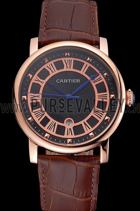 Cartier Rotonde Date Black Dial Rose Gold Case Brown Leather Strap