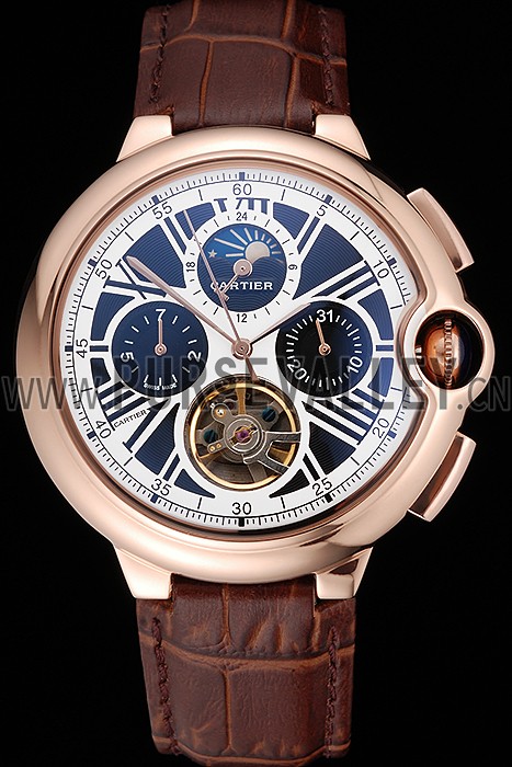 Cartier Ballon Bleu Flying Tourbillon Chronograph White Dial Rose Gold Case Brown Leather Strap