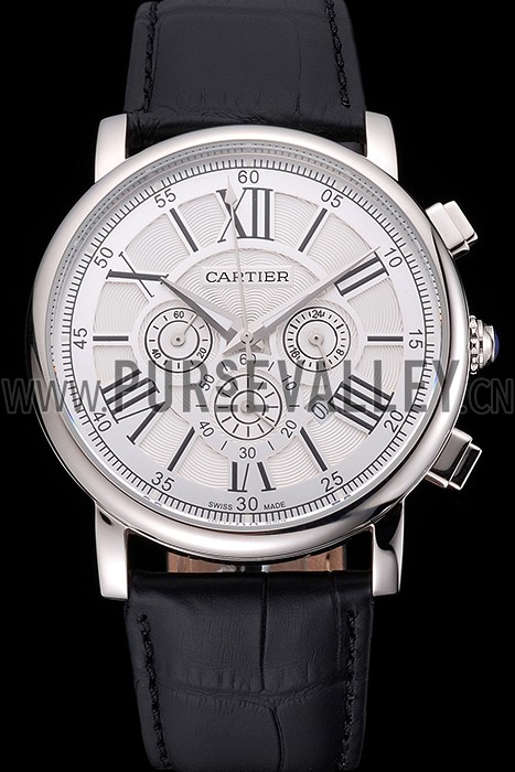 Cartier Rotonde Chronograph White Dial Stainless Steel Case Black Leather Strap
