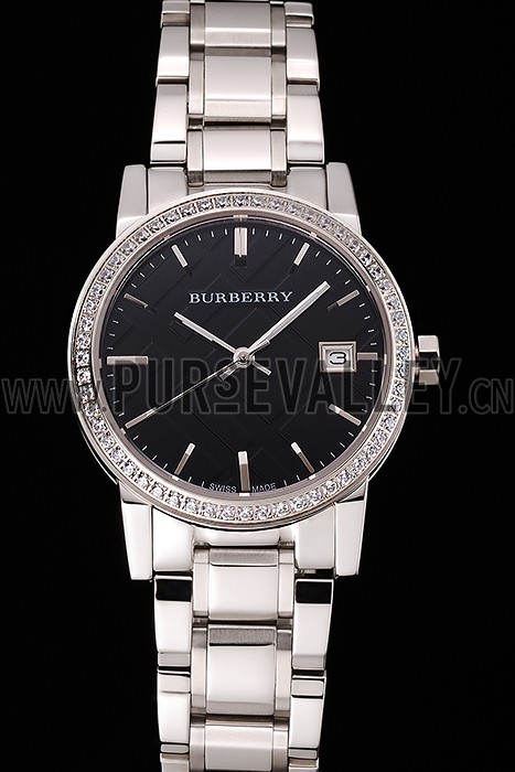 Burberry The City Black Dial Diamond Bezel Stainless Steel Case And Bracelet