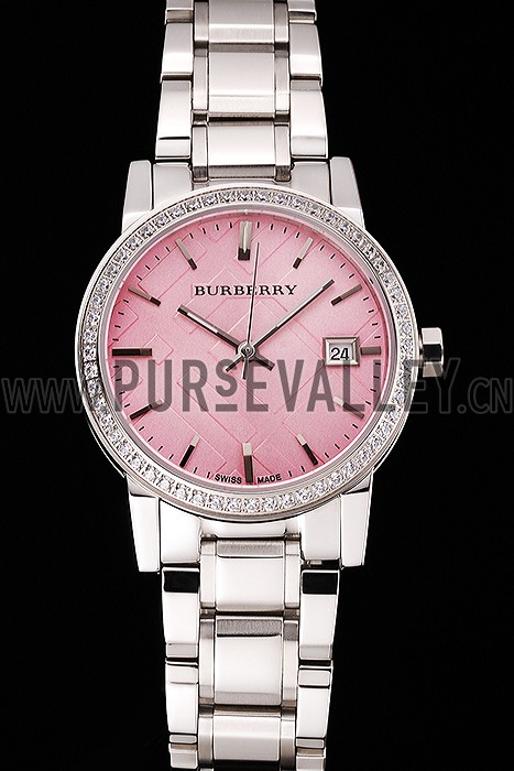 Burberry The City Pink Dial Diamond Bezel Stainless Steel Case And Bracelet