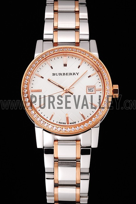 Burberry The City White Dial Rose Gold Diamond Bezel Stainless Steel Case Two Tone Bracelet