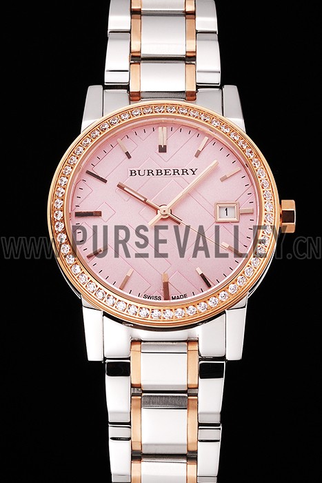 Burberry The City Pink Dial Rose Gold Diamond Bezel Stainless Steel Case Two Tone Bracelet