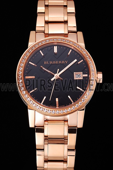 Burberry The City Black Dial Diamond Bezel Rose Gold Case And Bracelet