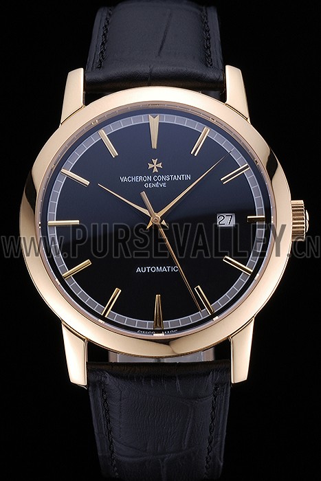 Swiss Vacheron Constantin Patrimony Traditionnelle Gold Case Black Leather Bracelet 622558