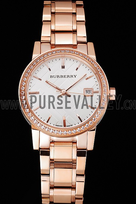 Burberry The City White Dial Diamond Bezel Rose Gold Case And Bracelet