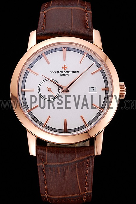 Swiss Vacheron Constantin Patrimony Contemporaine Rose Gold Case White Dial Brown Leather Bracelet 622680