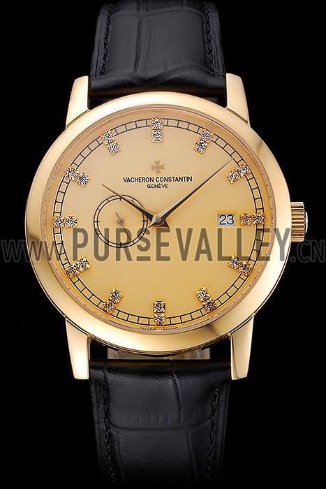 Swiss Vacheron Constantin Patrimony Contemporaine Gold Case Gold Diamond Dial Black Leather Bracelet 622682