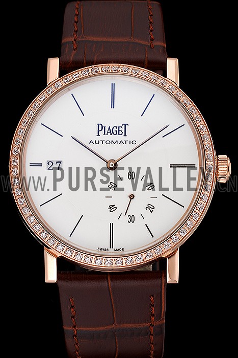 Piaget Altiplano Diamond Gold Case White Dial Brown Leather Bracelet 622627
