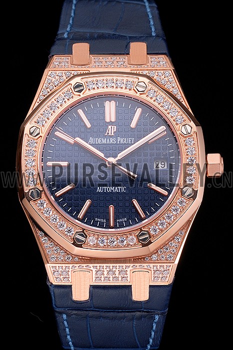 Swiss Audemars Piguet Royal Oak Blue Dial Gold Case With Diamonds Blue Leather Strap