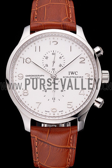 IWC Portugieser Chronograph White Dial Steel Hands And Numerals Stainless Steel Case Brown Leather Strap