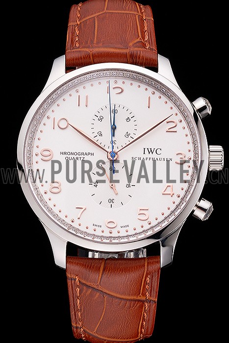 IWC Portugieser Chronograph White Dial Rose Gold Hands And Numerals Stainless Steel Case Brown Leather Strap